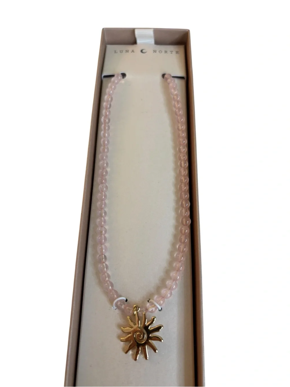 Luna Norte Genuine Rose Quartz Beaded Necklace w/ Brass Sun Pendant.